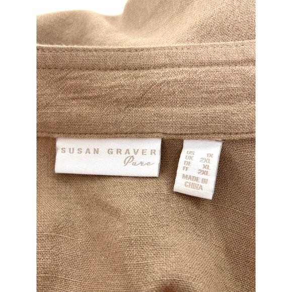 Susan Graver Jacket Top Taupe 1X Long Sleeve Mandarin Collar Buttons Linen Blend - Picture 5 of 16